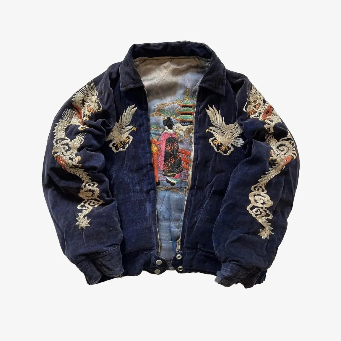 STORESDE Hip Hop Japan Harajuku Style Jacket Gothic Dragon Pattern Bomber Jackets High Quality Embroidered Y2k Zipper Fleece Lined Coat