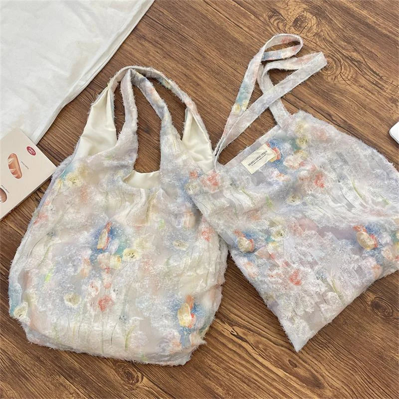 STORESDE Cute Large Capacity Lace Art Ink Painting Tote Canvas Bag Travel Portable Sundry Storage Bag Girls Sweet Shoulder Bag Gift