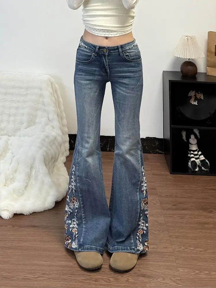 STORESDE American Large Size Heavy Industry Flower Embroidery Pattern Women Flared Jeans Mid-Rise Slim Retro Harajuku Floor-Mopping Pants