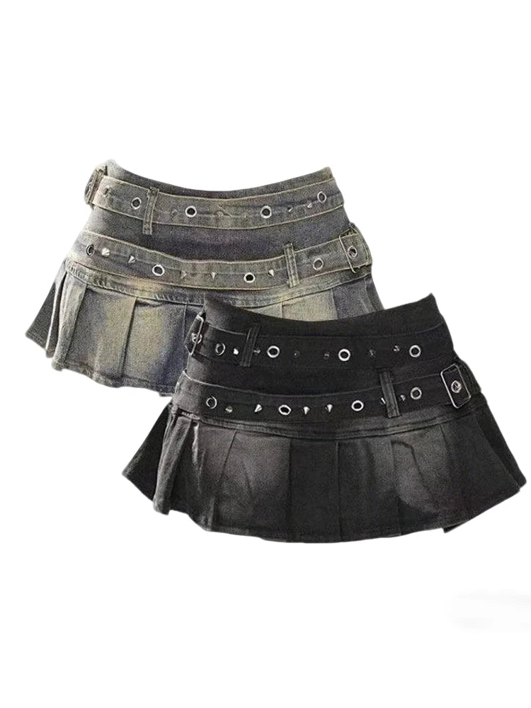 STORESDE Women's Denim Skirt with Studded Belt Low Rise Pleated Mini Skirt Blue Black Jean Skirts Alt Girls Y2K Punk 90s