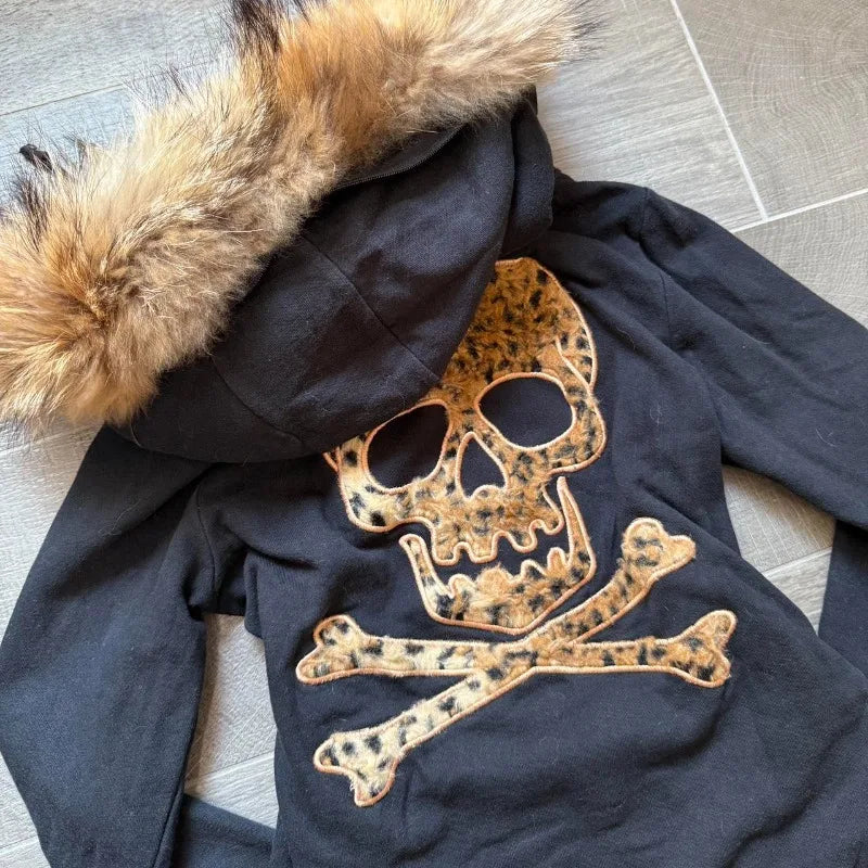 STORESDE American New Skull Embroidery Super Leopard Hooded Sweater Women Y2K Gothic Hip Hop Popular Casual Joker Sweatshirt