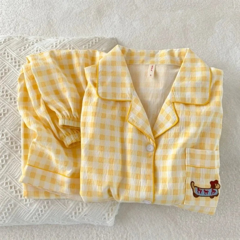 STORESDE Y2K Embroidery Plaid Dachshund 2PC Set Women's Pajamas Sweet Cute Short Sleeve Shorts Pajamas Lapel Neck New Summer Homewear