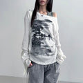 STORESDE Autumn Harajuku Women Vintage Print Tees Streetwear Grunge Skew Collar Graphic Tshirt Y2k Aesthetic Casual Hiphop Grunge Top