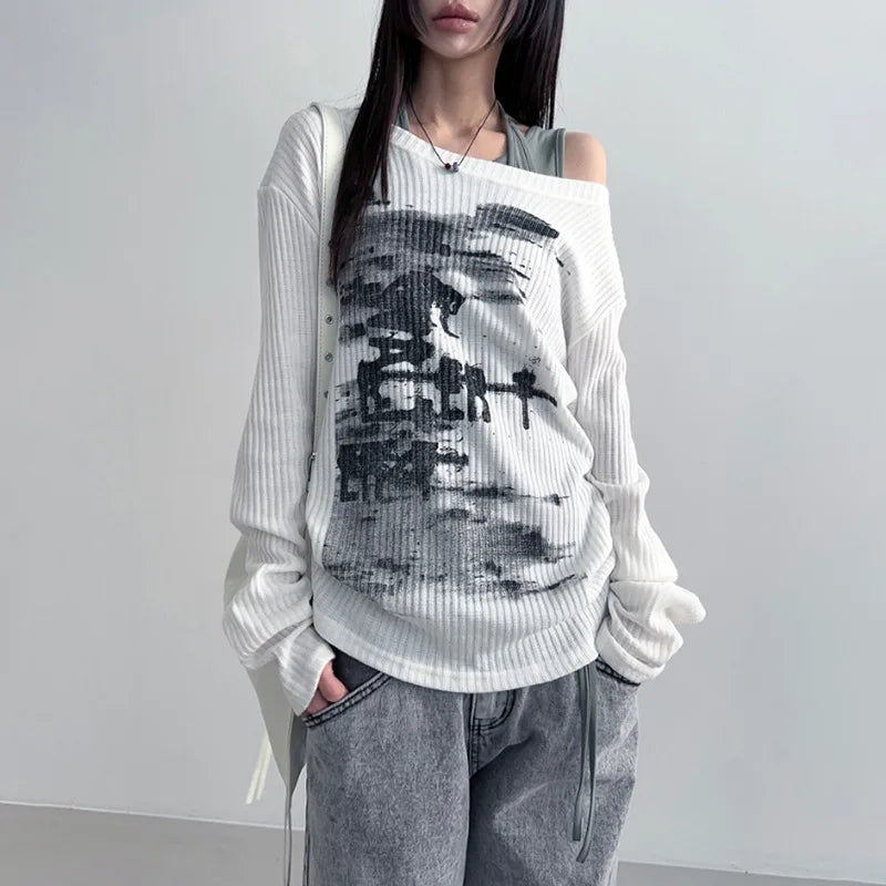 STORESDE Autumn Harajuku Women Vintage Print Tees Streetwear Grunge Skew Collar Graphic Tshirt Y2k Aesthetic Casual Hiphop Grunge Top