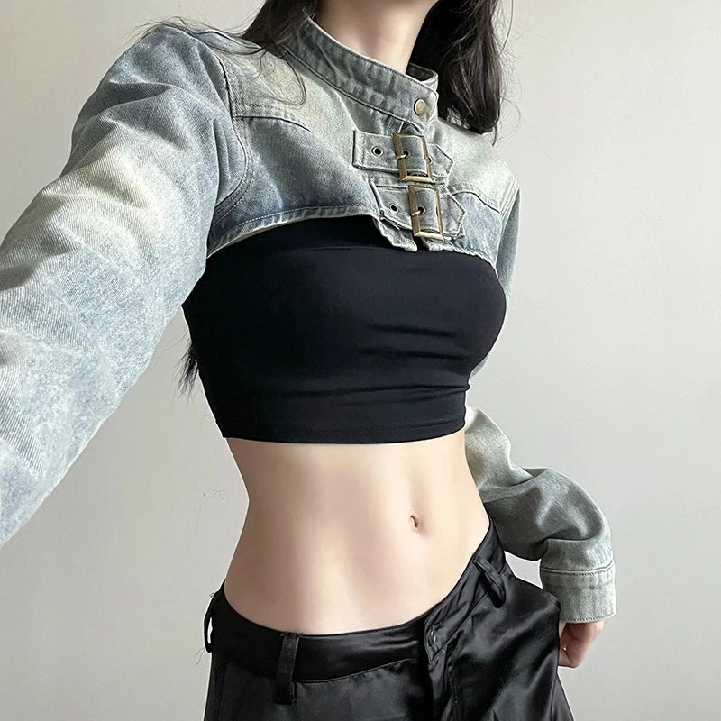 STORESDE MEXZT Y2K Cropped Denim Jacket Women Vintage 90S Sexy Long Sleeve Jeans Coats Summer Gyaru Harajuku Streetwear Design Outerwears