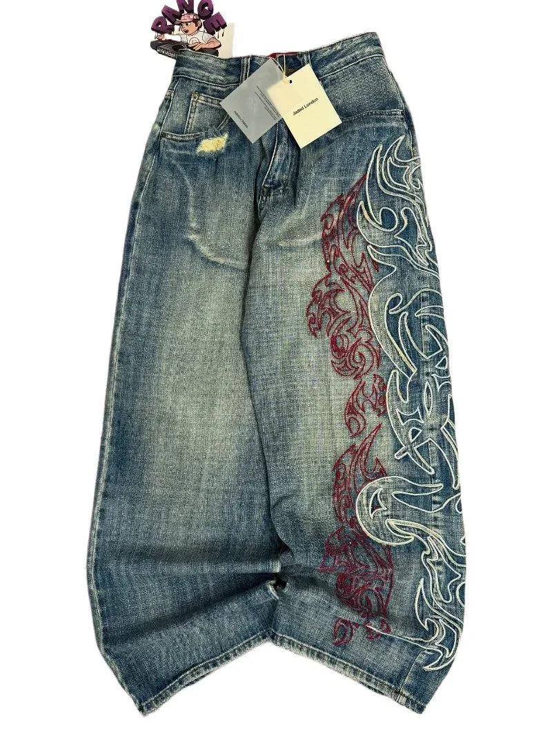 STORESDE American Y2K New Pattern Embroidery Baggy Jeans Men High Street Vintage Hip Hop Fashion Casual Joker Couple Wide-leg Pants