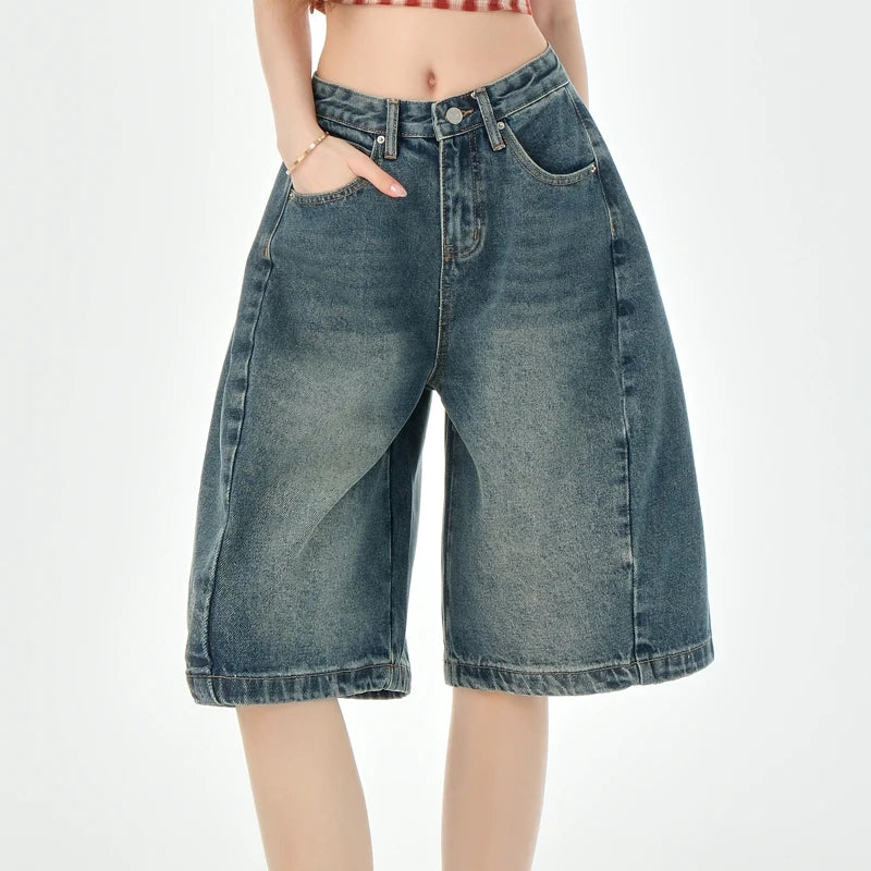 STORESDE Loose Wide Leg Denim Knee Length Pants Women American Vintage Slimming Shorts