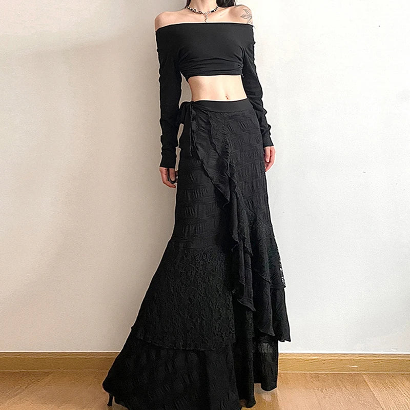 STORESDE Y2K Black Long Skirt Women Harajuku Gothic Lace Asymmetrical Maxi Skirts Summer Korean Ruffles Patchwork Bandage Design Faldas