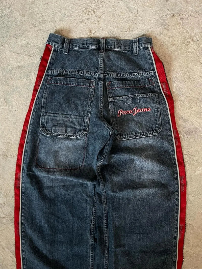 STORESDE Y2K Vintage Baggy Jeans Men Streetwear Red Side Zip Striped Denim Pants Hip Hop Embroidered Wide Leg Trouse