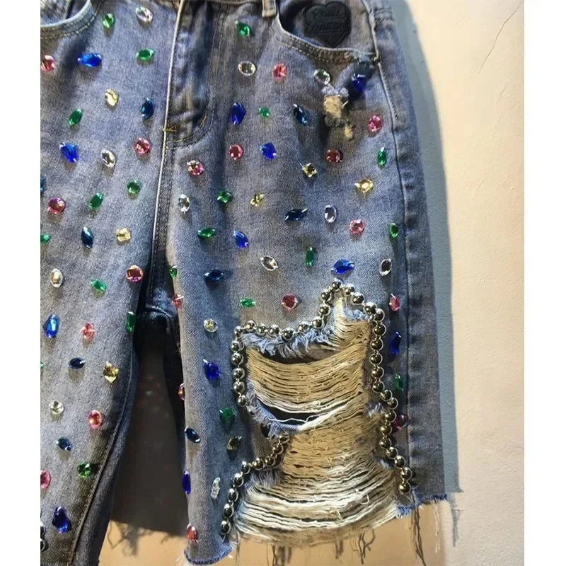 STORESDE Women's 2026 with Diamonds Summer High Waist Denim Shorts - Stretch Distressed Ripped Jeans for Trendy Streetwear Fashion Style