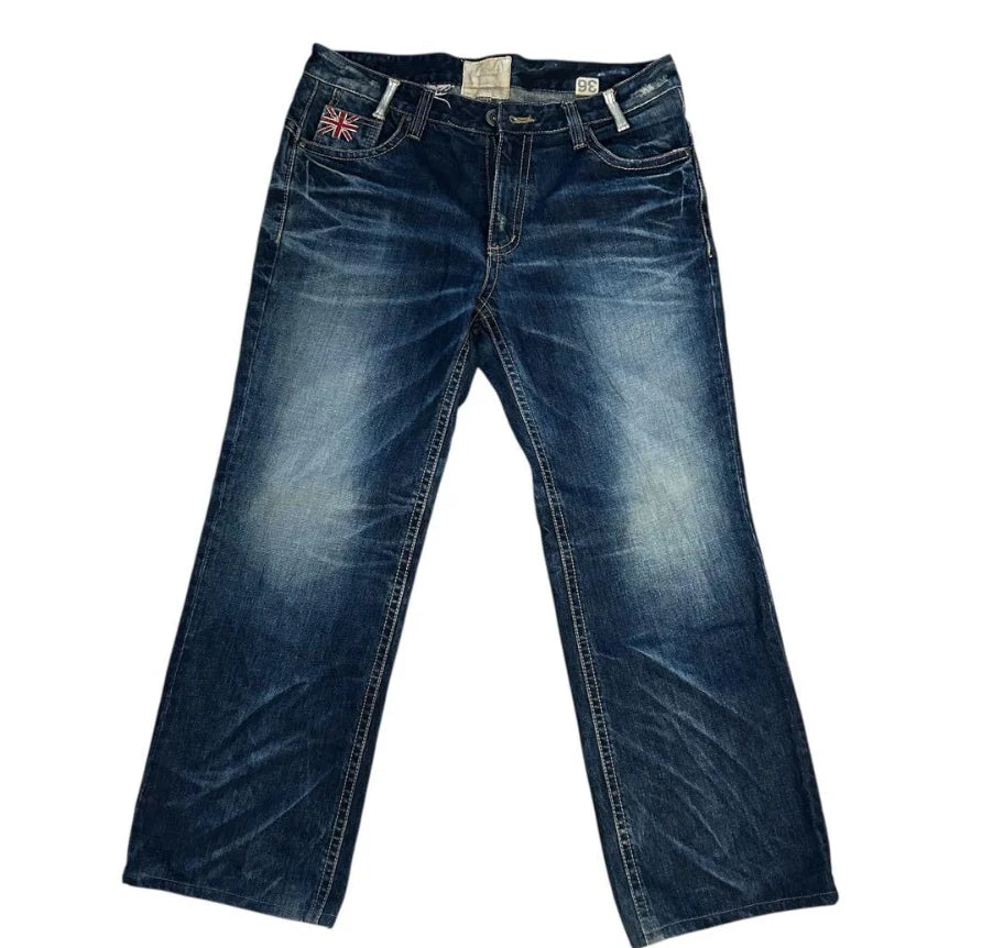 STORESDE Y2K Vintage British Embroidered Denim Washed Blue Denim Mid Stretch Straight Wide Leg Jeans High Street Hip Hop Work Pants