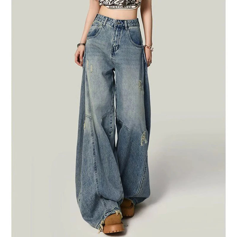 STORESDE Hot Sale Girls Leisure Daily Jeans Women Ins Fashion High Waist Straight Leg Pants Female Chic Ripped Loose Denim Trousers