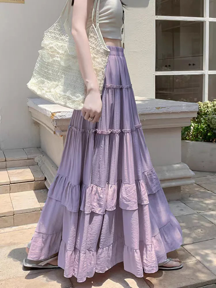 STORESDE White Tiered Ruffle Hem Skirt 2025 - High Waist Flowy A-Line Maxi Skirt, Summer Chiffon Layered Skirt with Pleats