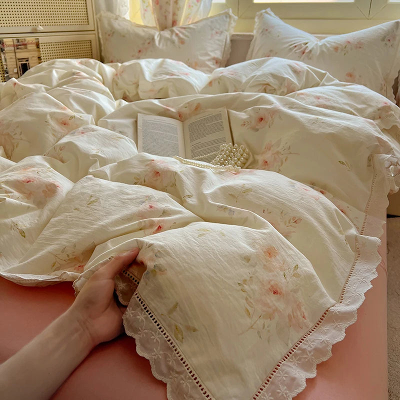 STORESDE Washed Cotton Duvet Cover Sets Single/Queen/king Flower Printed Bedding Set Princess Style e housse de couette 220x240 with Lace