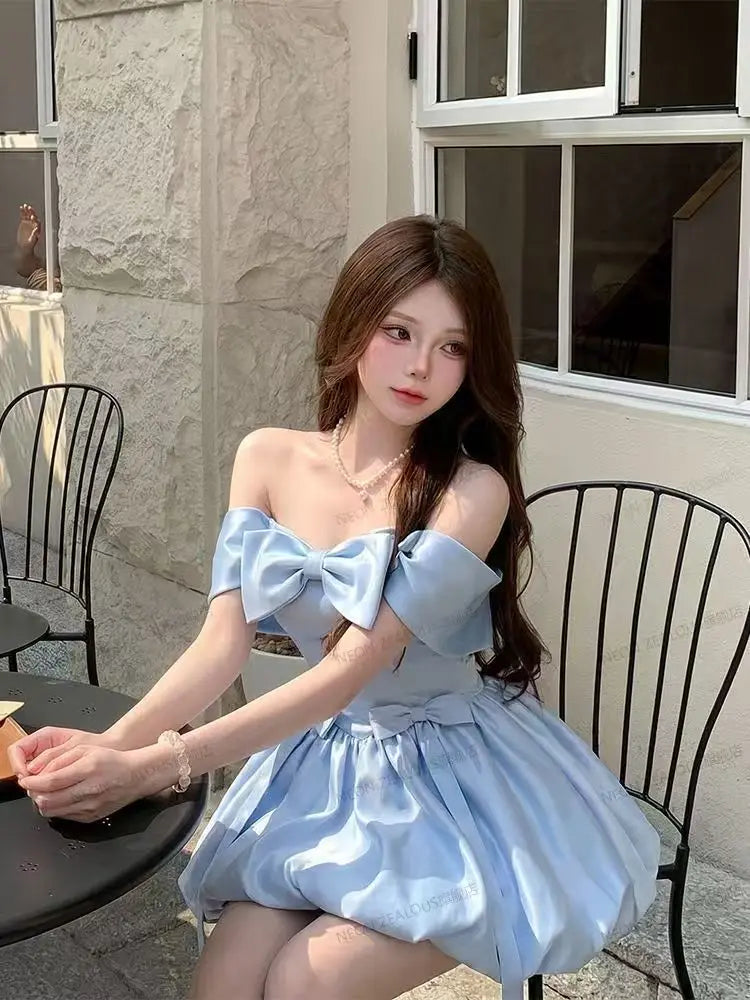 STORESDE 2026 Japanese Summer Blue Pure Desire One Shoulder Birthday Dress Thousand Gold Style Bow Knot Slim Short Sleeve Women's Dress