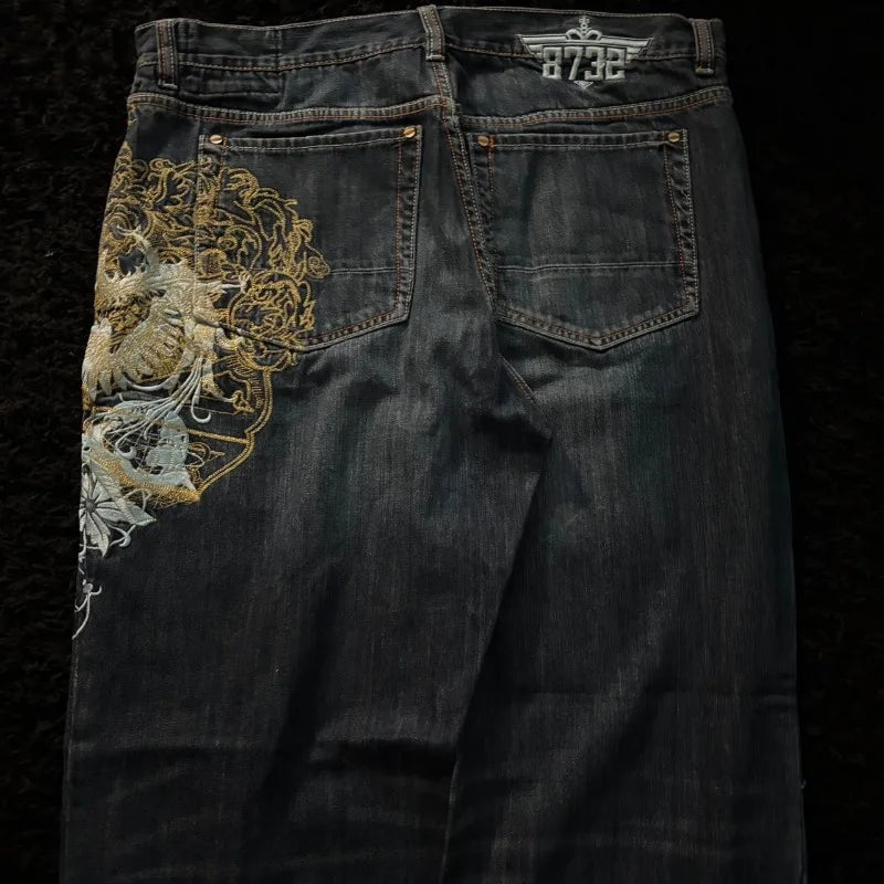 STORESDE American New Fashion Oversize Pattern Embroidered Baggy Jeans Men Y2K Gothic Harajuku Hip Hop Straight High Waist Wide Leg Pants