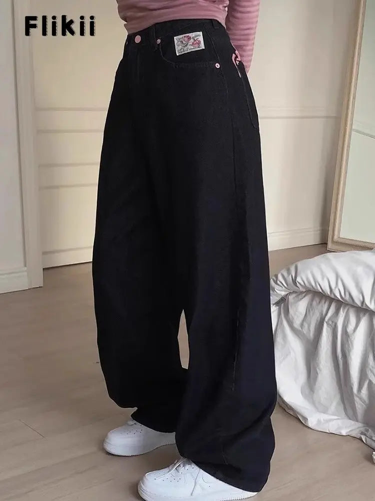 STORESDE Women's Sweet Casual Full Length Baggy Denim Trouser Retro Emo Harajuku Loose Jeans Letter Embroidery High Waist Y2K 2000s Pants