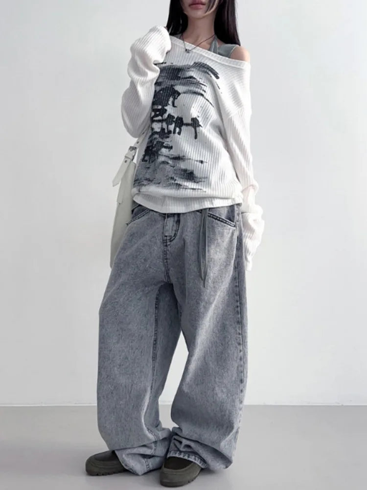STORESDE Autumn Harajuku Women Vintage Print Tees Streetwear Grunge Skew Collar Graphic Tshirt Y2k Aesthetic Casual Hiphop Grunge Top