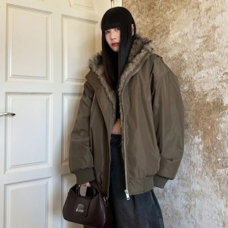 STORESDE Vintage Solid Fur Collar Hooded Sweatshirt Autumn Winter Zipper Y2K Retro Fleece Jacket Harajuku Plush Dark Fashion Outfits 2025