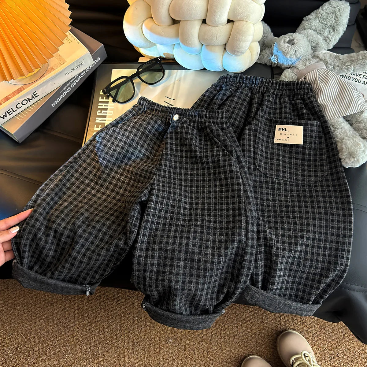 STORESDE Spring Autumn Children Pants 1-8Y Boys Black Plaid Loose Casual Straight Trousers Korean Toddler Wear For Kids Clothes New