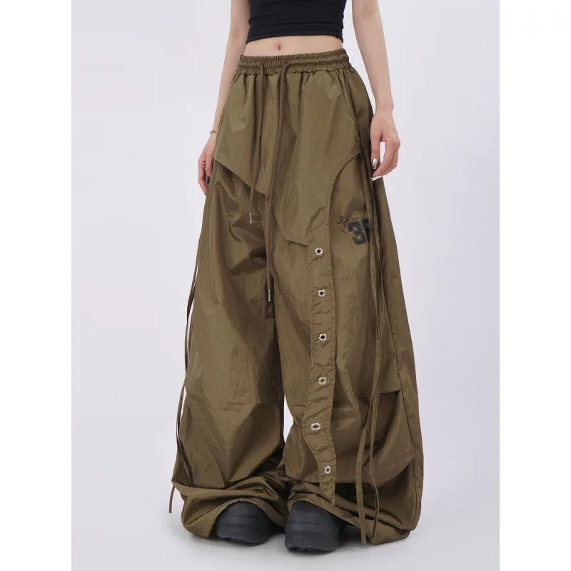 STORESDE American street quick drying retro military green work pants irregular design fake two-piece drawstring pleated casual pants