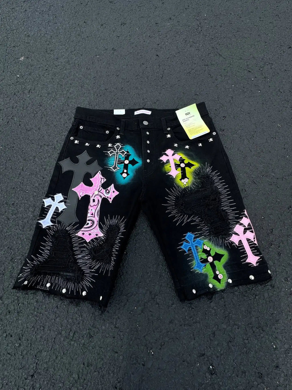 STORESDE Fashion Retro Streetwear Y2K Men Jeans Popular Patch Gothic Punk Style Shorts Embroidered Willow Nail Design Loose Casual Jeans