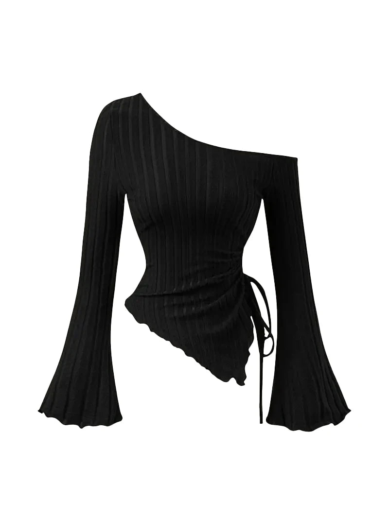STORESDE women's New off shoulder cross long sleeved slim fit casual street style asymmetrical elegant T-shirt trumpet sleeve top