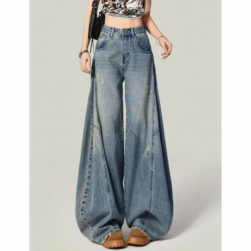 STORESDE Hot Sale Girls Leisure Daily Jeans Women Ins Fashion High Waist Straight Leg Pants Female Chic Ripped Loose Denim Trousers