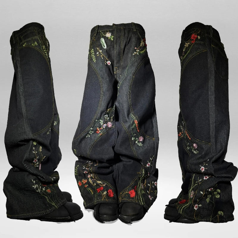 STORESDE Y2K Floral Baggy Jeans Retro Blossom Embroidery Streamlined Unisex Streetwear Gothic High Street Oversized Wide Leg Men Pants