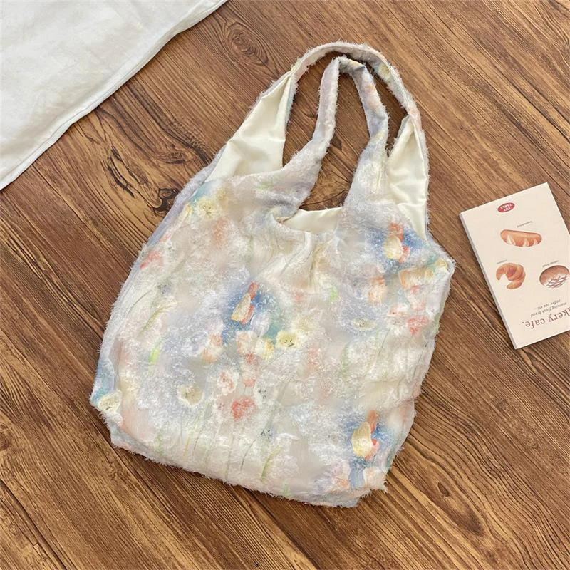 STORESDE Cute Large Capacity Lace Art Ink Painting Tote Canvas Bag Travel Portable Sundry Storage Bag Girls Sweet Shoulder Bag Gift