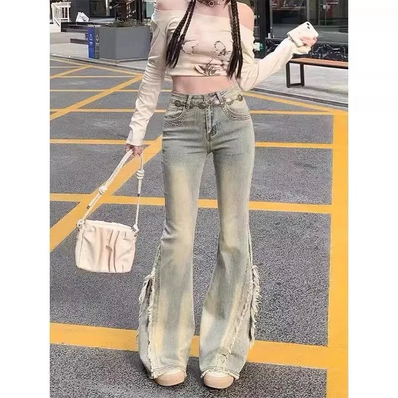 STORESDE Women Vintage Blue Jeans High Waist American Retro 90s Raw Material Edge Design Y2k Denim Pants Streetwear Wide Leg Jeans