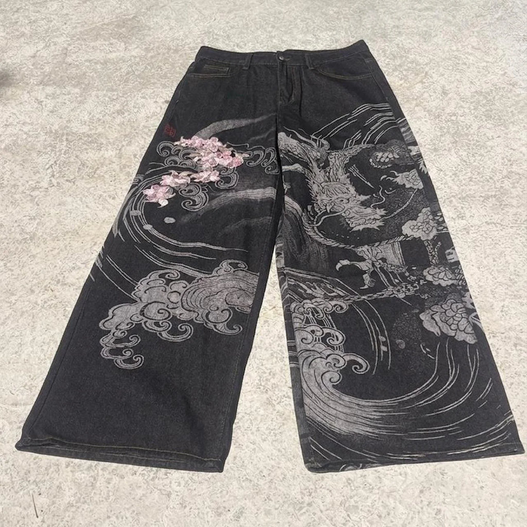 STORESDE New Black Wide Leg Denim Jeans Men Dragon Print Cherry Blossom Embroidery Vintage Washed Loose Harajuku Streetwear Casual Pants