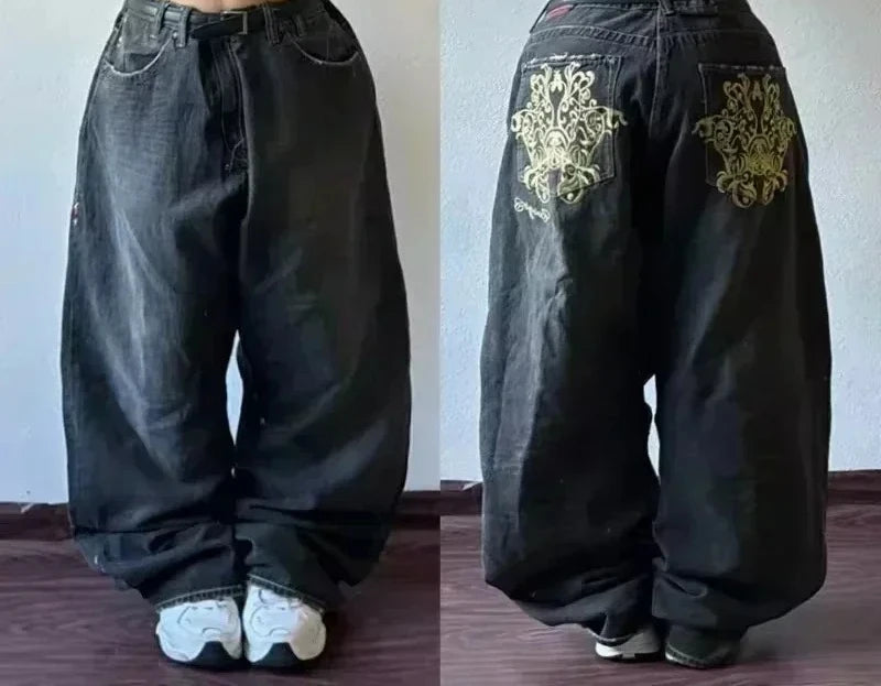 STORESDE 2025 New American Trend Retro Hip-hop Embroidery Pattern Baggy Jeans For Men And Women Y2K Harajuku Gothic Wide Pants Streetwear