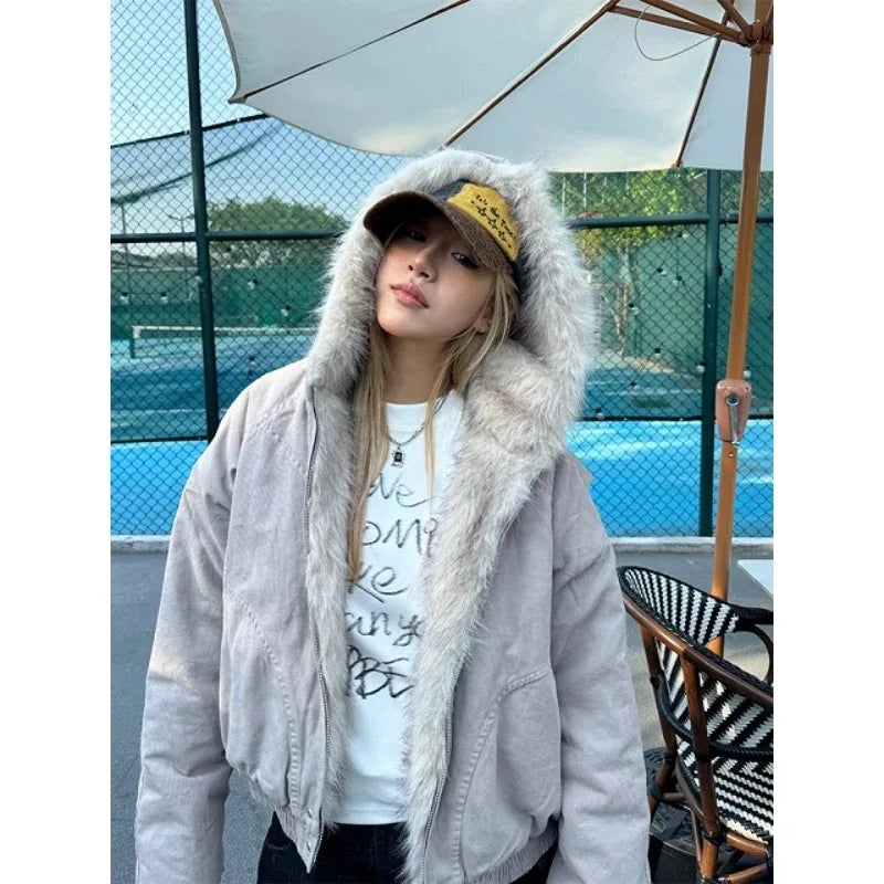 STORESDE American Street Fur Collar Zipper Hooded Jacket Women Autumn Winter Retro New Velvet Thickened Warm Fashion Loose Casual Jacket