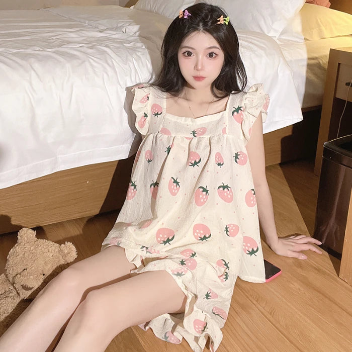 STORESDE Allover Cartoon Print Lounge Set Ladies Summer Cute Ruffle Sleeve Square Neck Top & Shorts Kawaii Women's Loungewear Summer