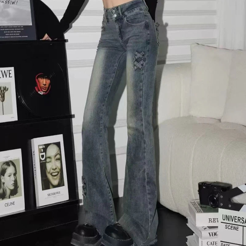 STORESDE New retro high waist solid color micro-flare women jeans y2k fashion street clothing slim and slim stretch flared pants