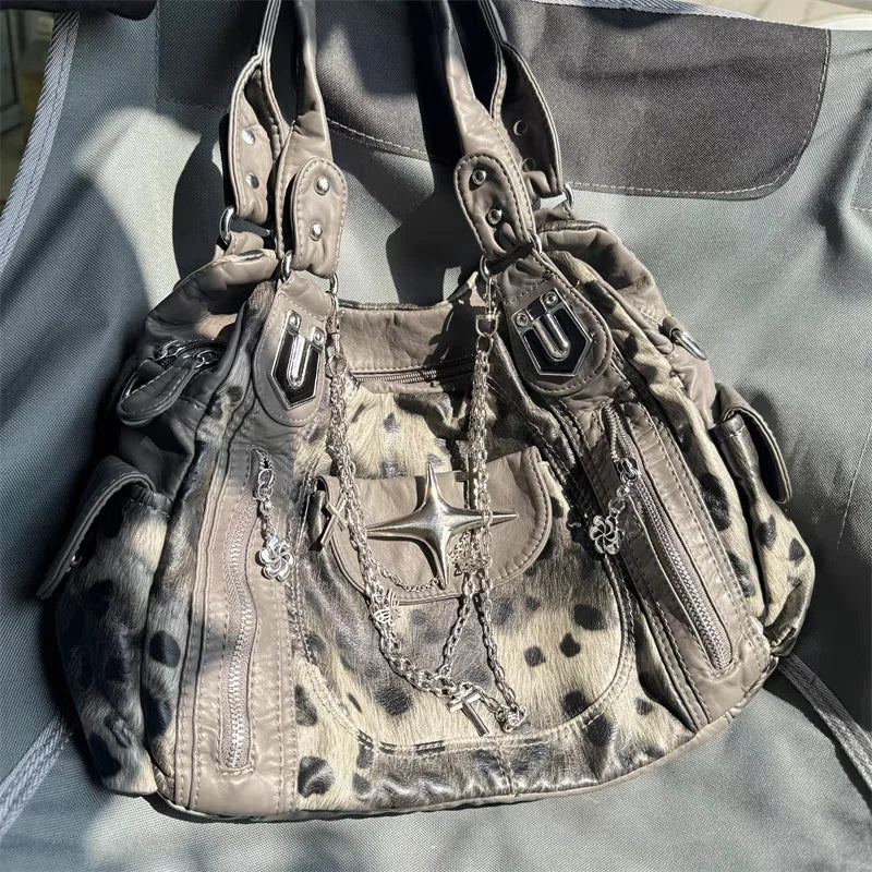 STORESDE Grey Leopard Print Hangbag Cross Star Subculture Y2k Shoulder Bags Hot Girl Tote Large Capacity Portable Messenger Bag 2026 New