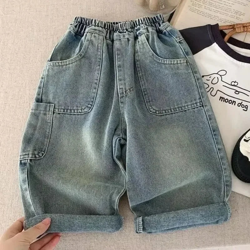STORESDE Children's Retro Jeans Loose Straight Pants Wide Leg Pants for Boys and Girls 2025 New Spring Autumn Kid's Denim Pocket Trousers