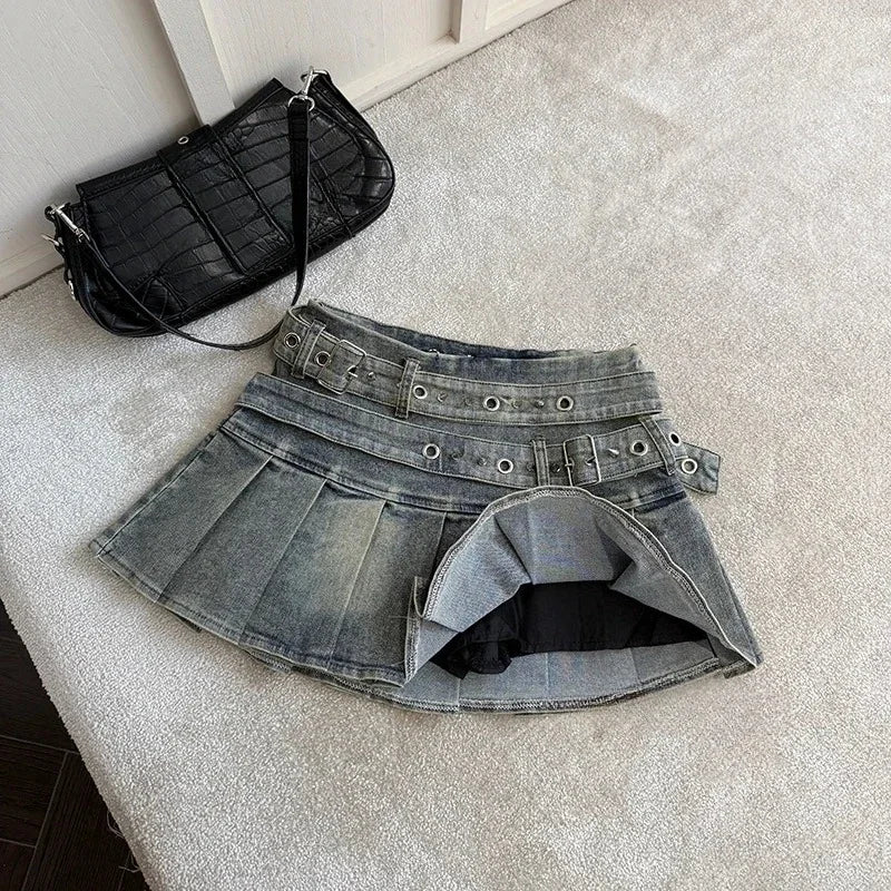 STORESDE Women's Denim Skirt with Studded Belt Low Rise Pleated Mini Skirt Blue Black Jean Skirts Alt Girls Y2K Punk 90s