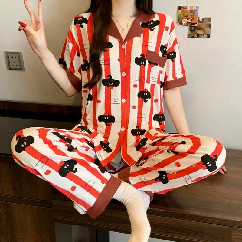 STORESDE Cute Elephant Strip Print Women's Pajama Set Sleepwear Loungewear Y2K Korean Style Sweet Kawaii Summer New Casual Pajamas Set