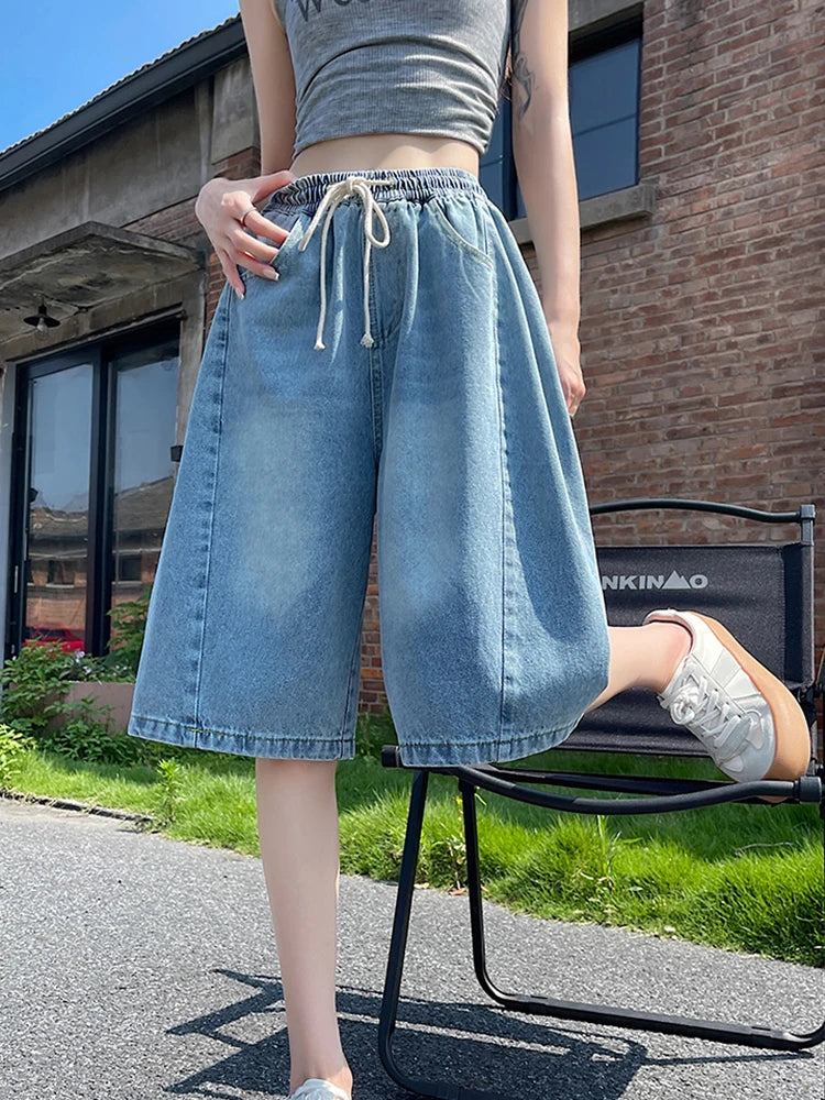 STORESDE Summer Boyfriend Plus Size Jeans Shorts Woman Casual Loose Wide Leg Bermudas Baggy Denim Shorts Women Lace Up Half Short Pants