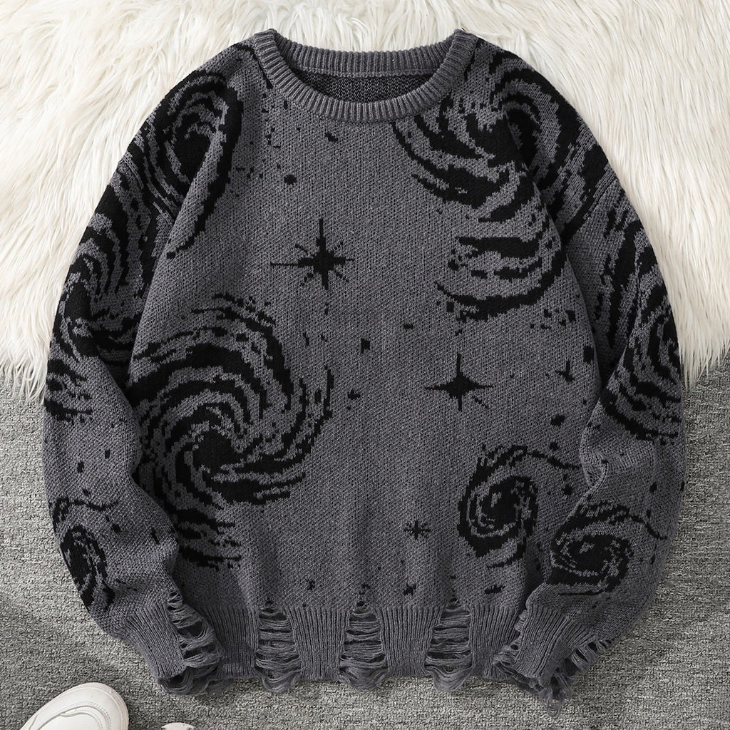STORESDE New Trendy Street Style Ripped Abstract Starry Sky Pattern Pullover Ripped Sweater Casual Crew Neck Knitted Men's Pullover