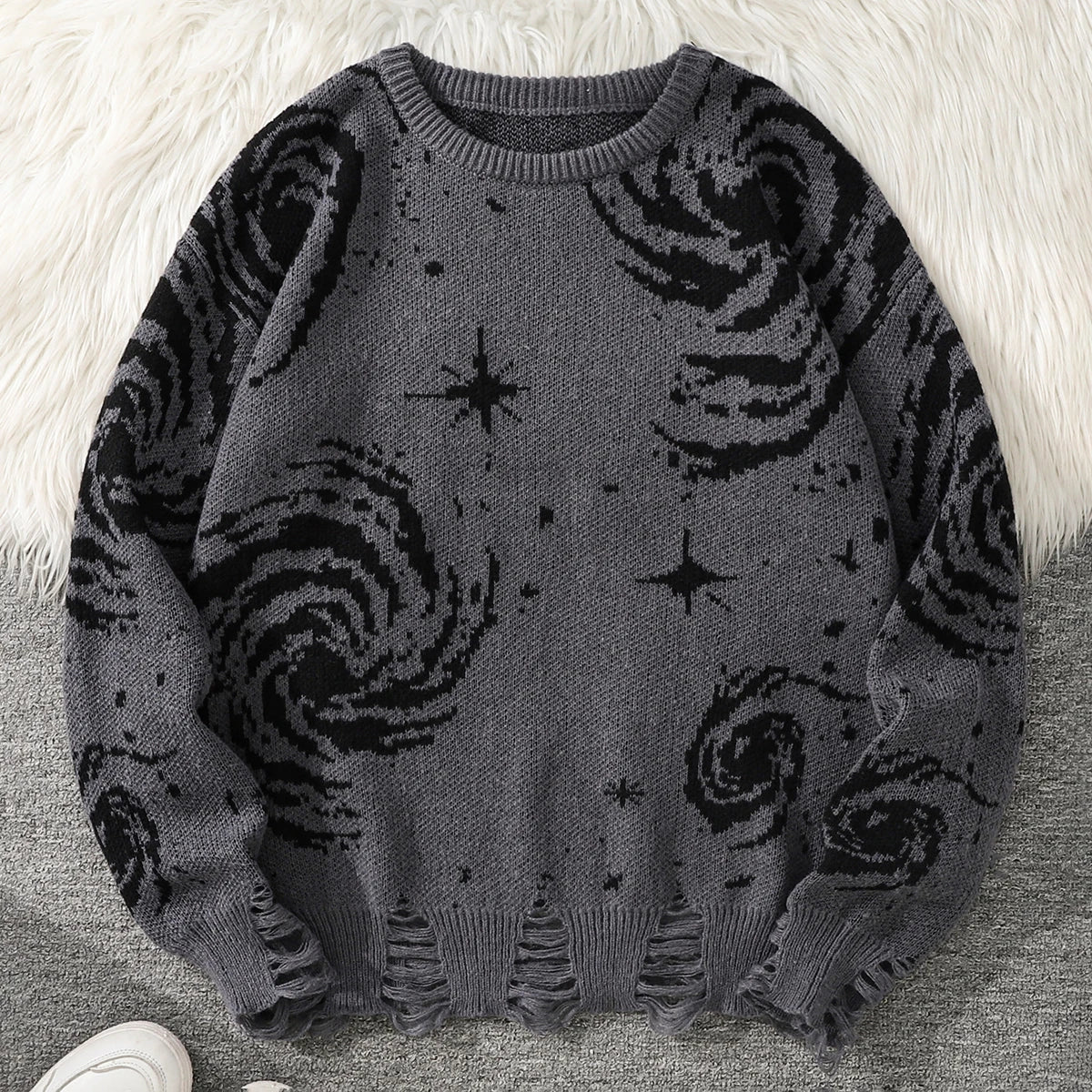 STORESDE New Trendy Street Style Ripped Abstract Starry Sky Pattern Pullover Ripped Sweater Casual Crew Neck Knitted Men's Pullover