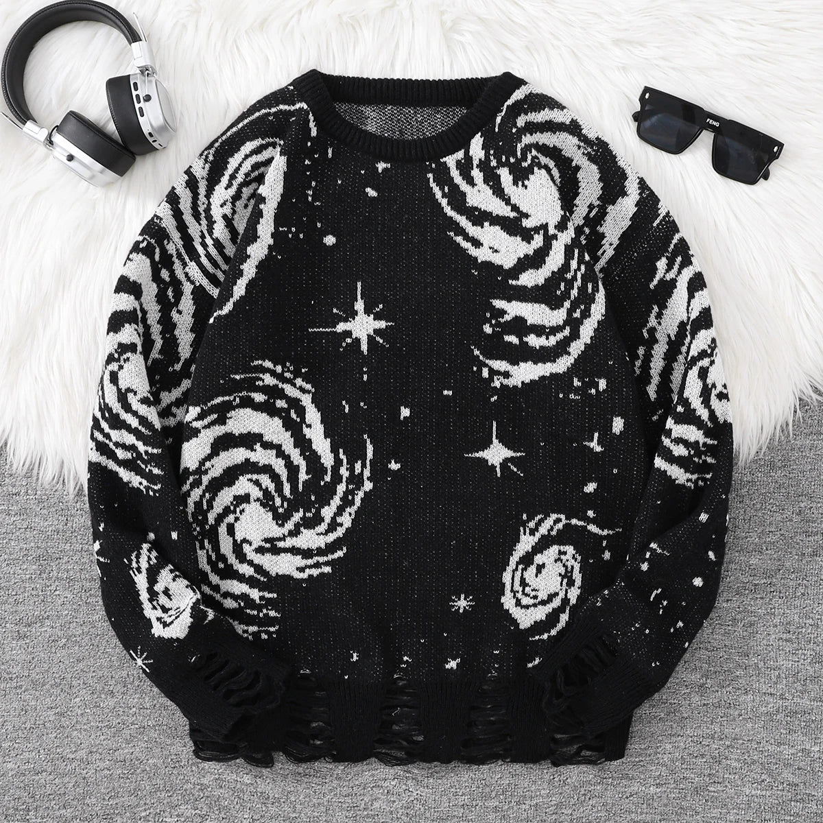 STORESDE New Trendy Street Style Ripped Abstract Starry Sky Pattern Pullover Ripped Sweater Casual Crew Neck Knitted Men's Pullover