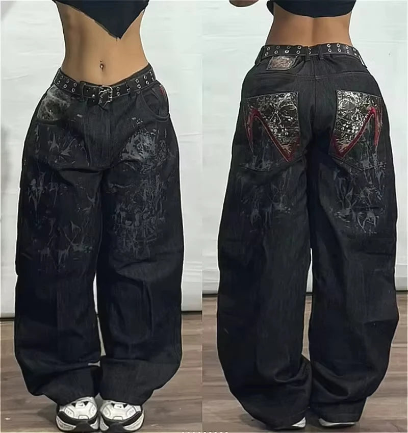 STORESDE American Fashion Trend Joker Pattern Embroidered Loose Jeans Women Street Y2K New Hip Hop Oversized Wide-leg Pants Unisex Jeans