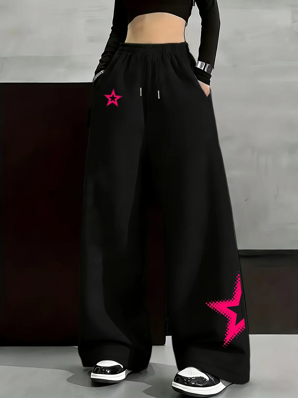 STORESDE New Women's Plus Size Spring Star Print Pants Fleece Elastic Waist Straight Leg Sweatpants Fashionable and Versatile