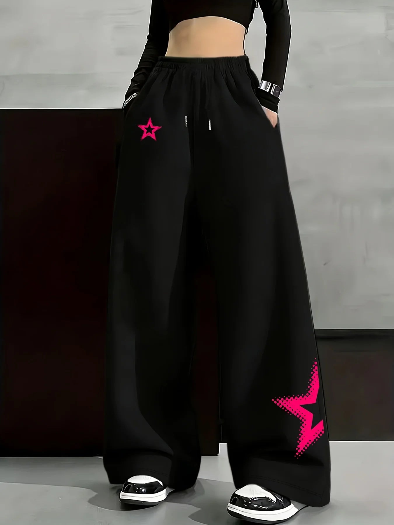 STORESDE New Women's Plus Size Spring Star Print Pants Fleece Elastic Waist Straight Leg Sweatpants Fashionable and Versatile