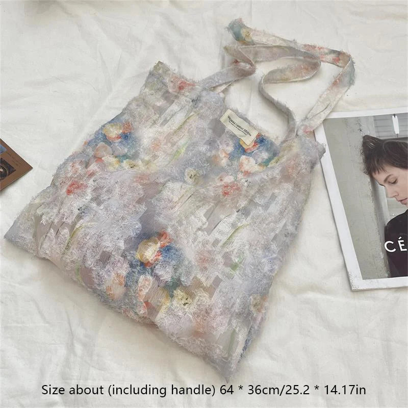 STORESDE Cute Large Capacity Lace Art Ink Painting Tote Canvas Bag Travel Portable Sundry Storage Bag Girls Sweet Shoulder Bag Gift