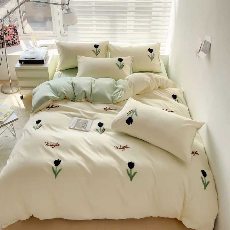 STORESDE Ins Embroidery  Bed Linen Twin Full Queen King Size  Bed Sheets Set  Adults Kids Floral Bed Flat Sheet Pillowcase Christmas Gift