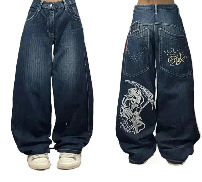 STORESDE 2025 New American Trend Retro Hip-hop Embroidery Pattern Baggy Jeans For Men And Women Y2K Harajuku Gothic Wide Pants Streetwear